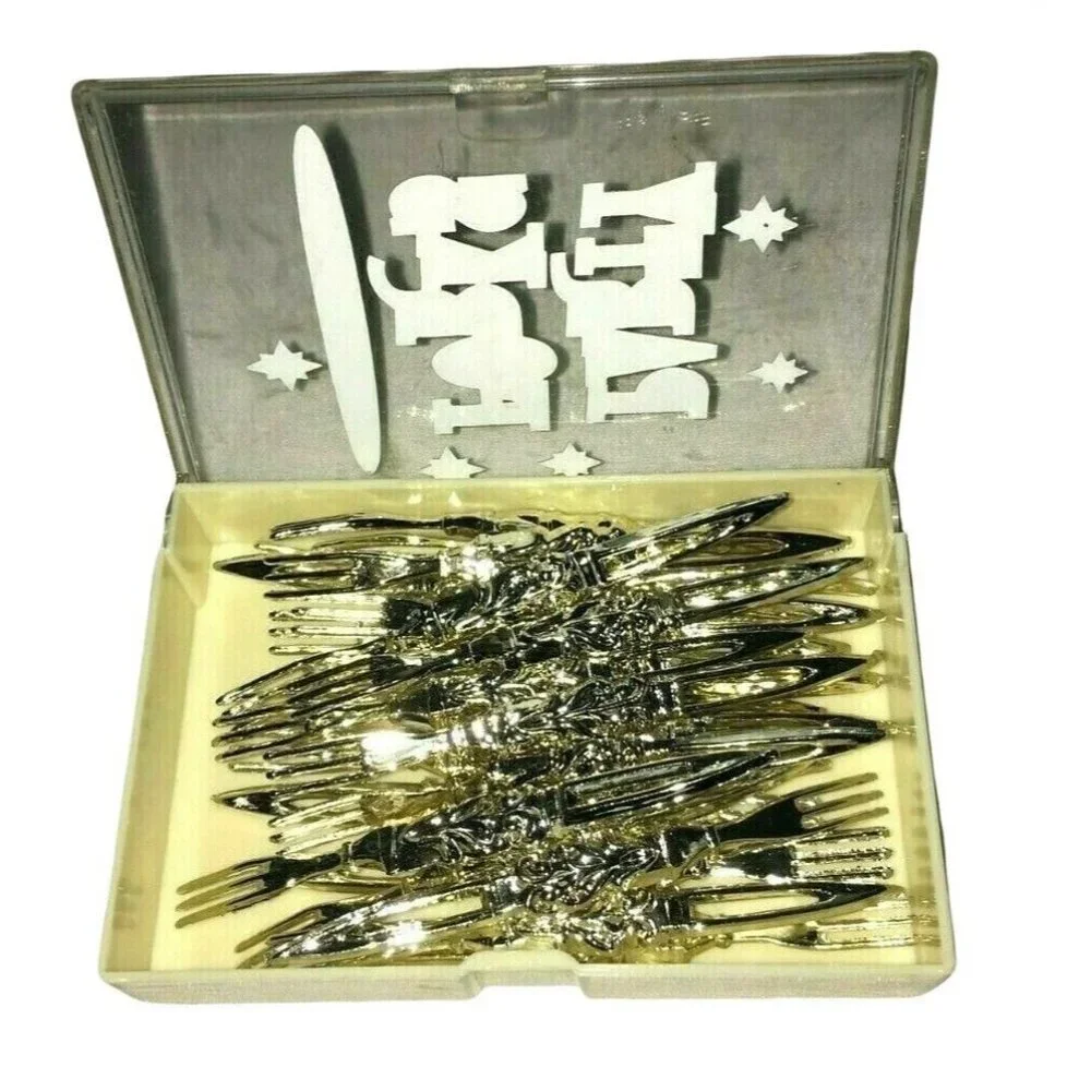 Vtg Mid Century 60s Gold Plastic Party Tiki Cocktail Hors d'oeuvre Picks Forks